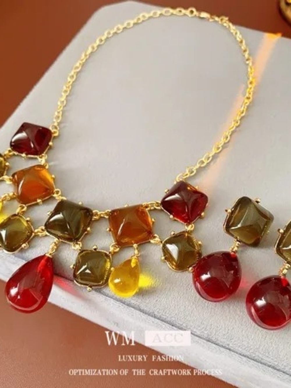 WM Acc Gold Necklace with Red, Amber and Olive Gem Drops